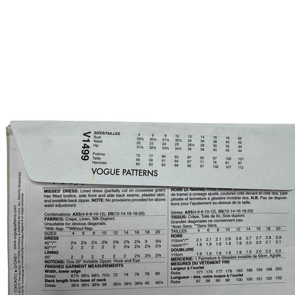 VOGUE Anne Klein Pleated Cap Sleeve Dress Pattern V1499 Size AX5 Uncut Career - Picture 3 of 5